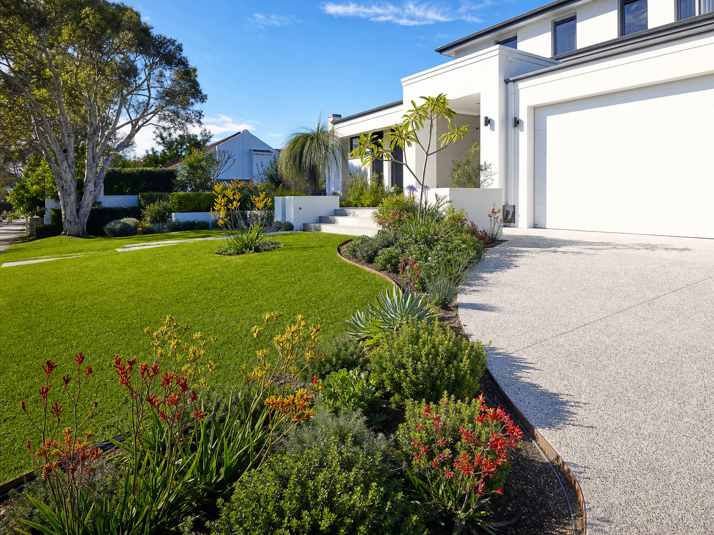 Premium front yard landscaping in Cottesloe Perth with native WA plants and exposed aggregate driveway