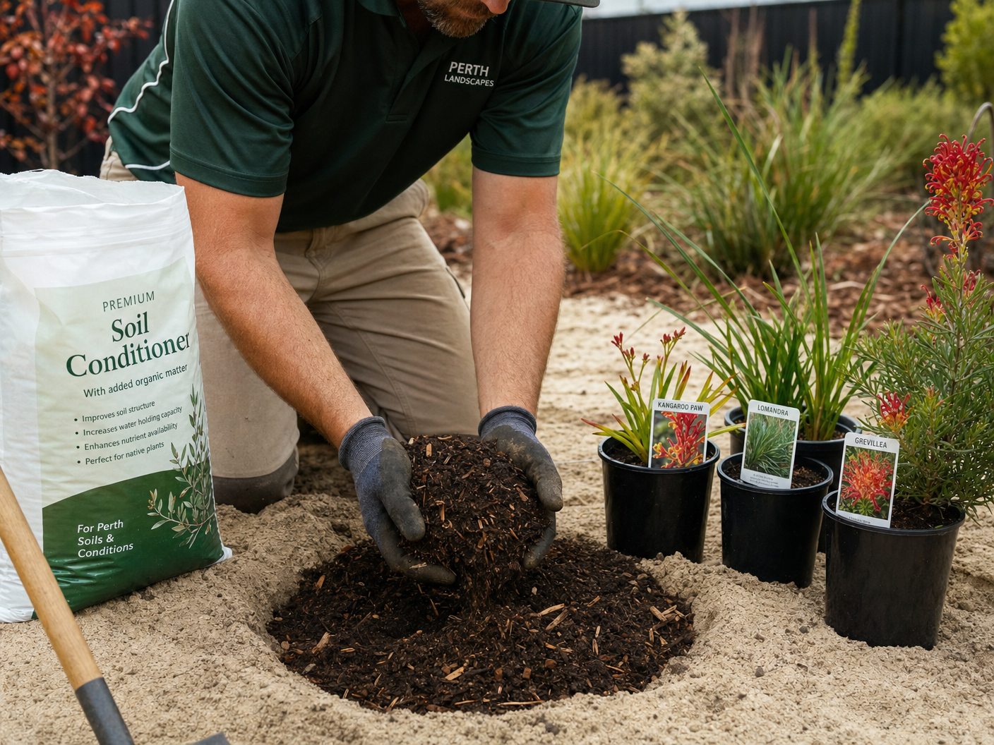 Perth landscaper adding premium soil conditioner and organic matter to sandy Perth soil before planting native kangaroo paw and grevillea plants