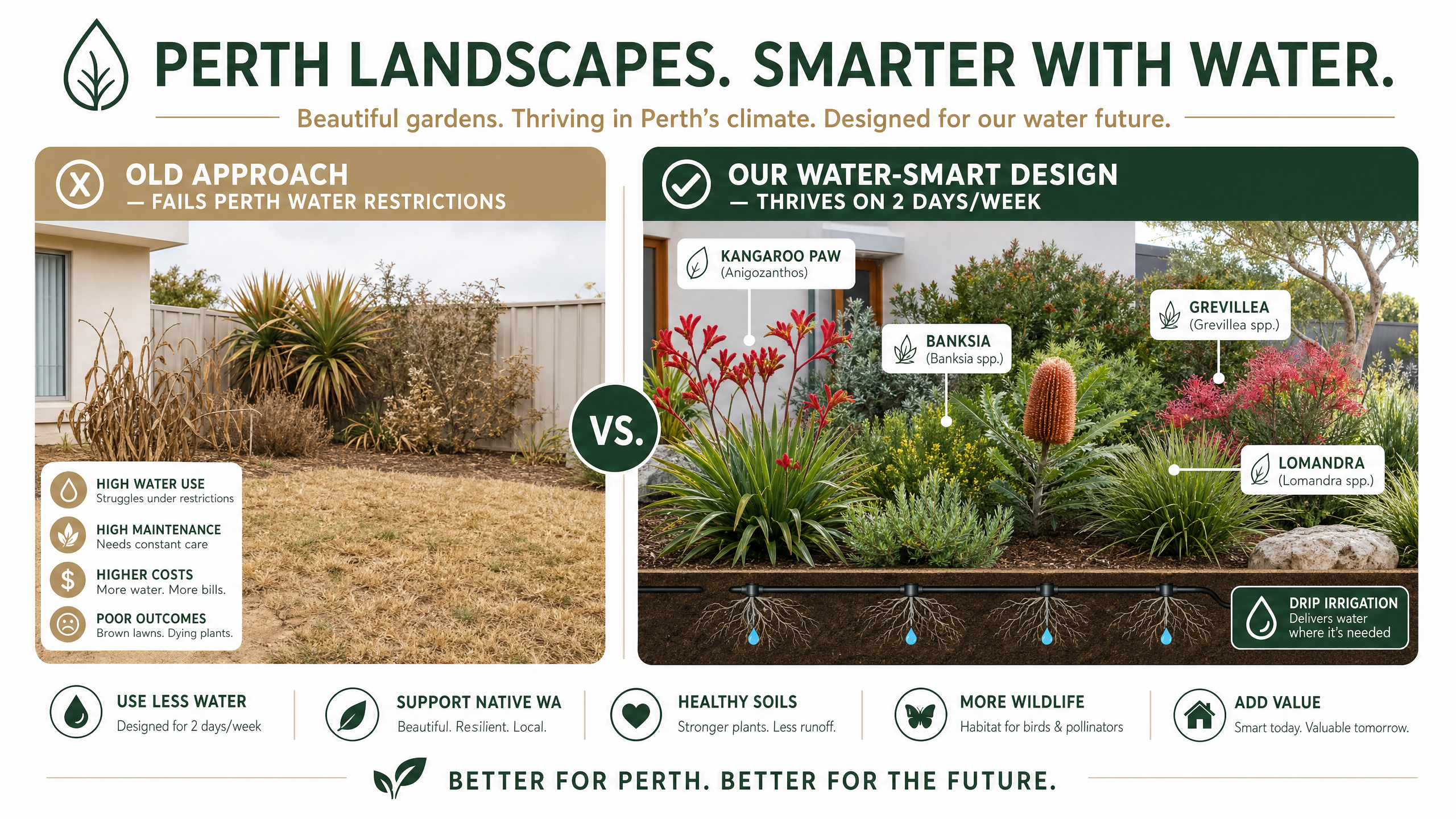 Perth water-smart landscaping infographic showing old approach vs water-smart native plant design with drip irrigation